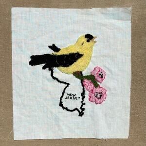 Vtg Hand Embroidered Crewel New Jersey State Bird Goldfinch Unframed Art